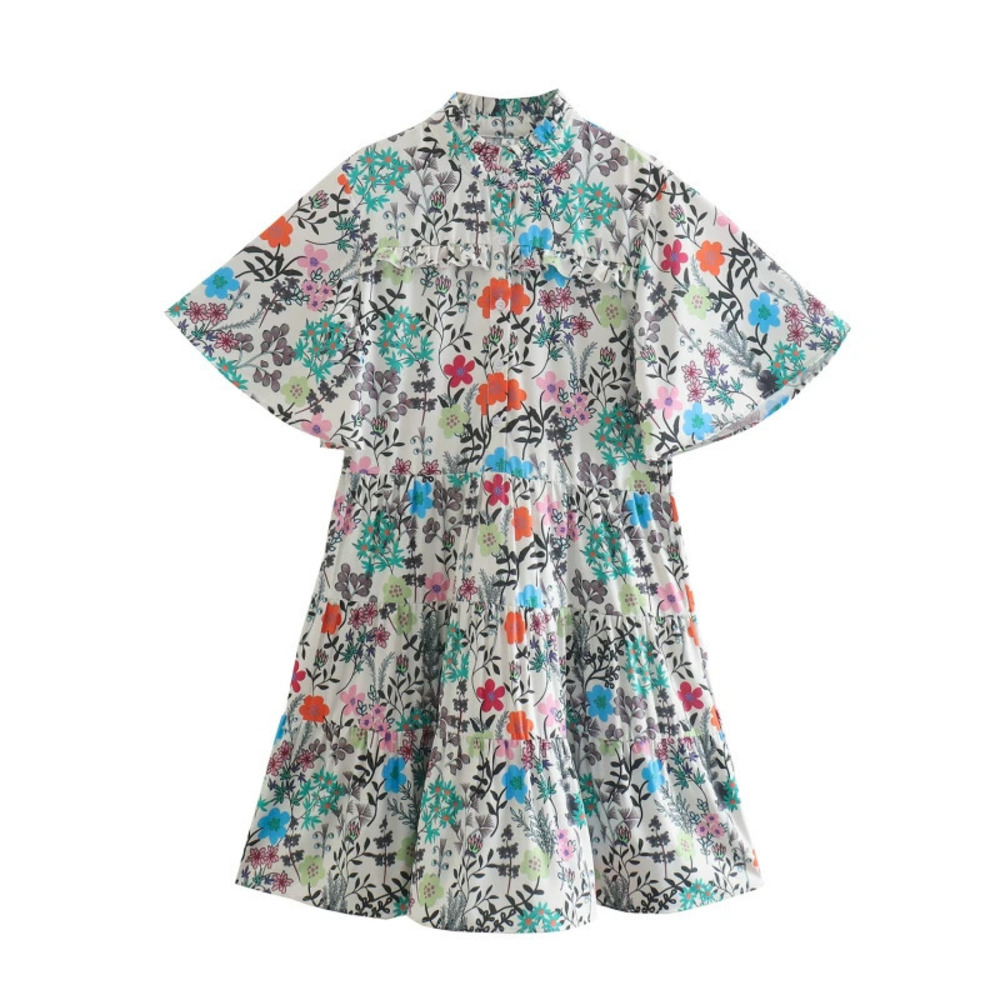 Womens Ruffle Trim Printed Short Sleeve Vacation Dress